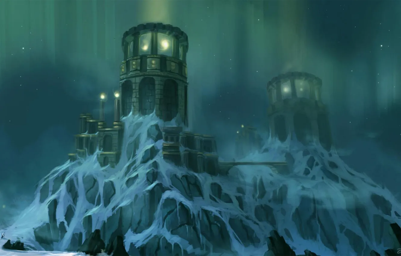 Photo wallpaper snow, storm, rocks, tower, Northern lights, art, blinck