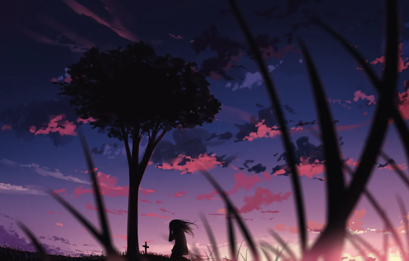 Photo wallpaper the sky, girl, trees, sunset, crying, grave, by arttssam