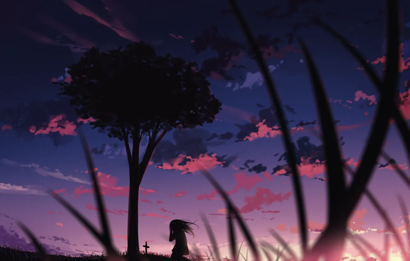 Photo wallpaper the sky, girl, trees, sunset, graves, crying, by arttssam