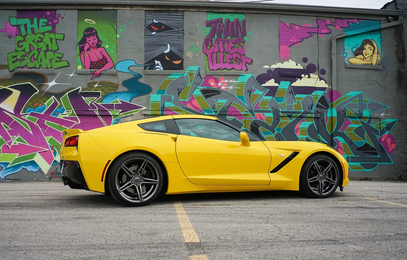 Photo wallpaper yellow, design, graffiti, Corvette Chevrolet