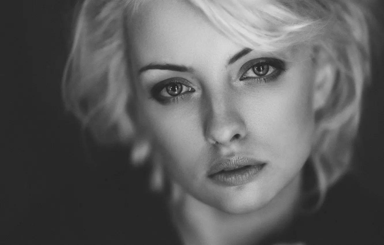 Photo wallpaper look, girl, face, portrait, black and white photo