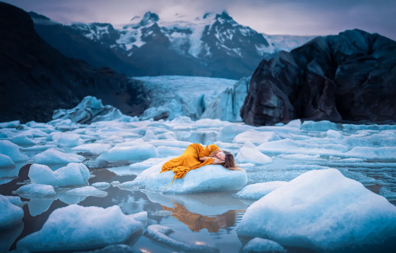 Photo wallpaper ice, winter, girl, snow, mountains, nature, pose, reflection