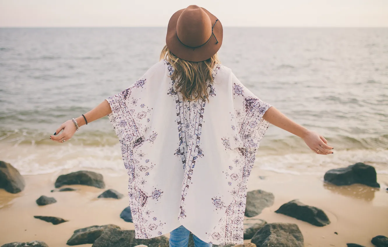 Photo wallpaper sea, girl, pose, the ocean, hat