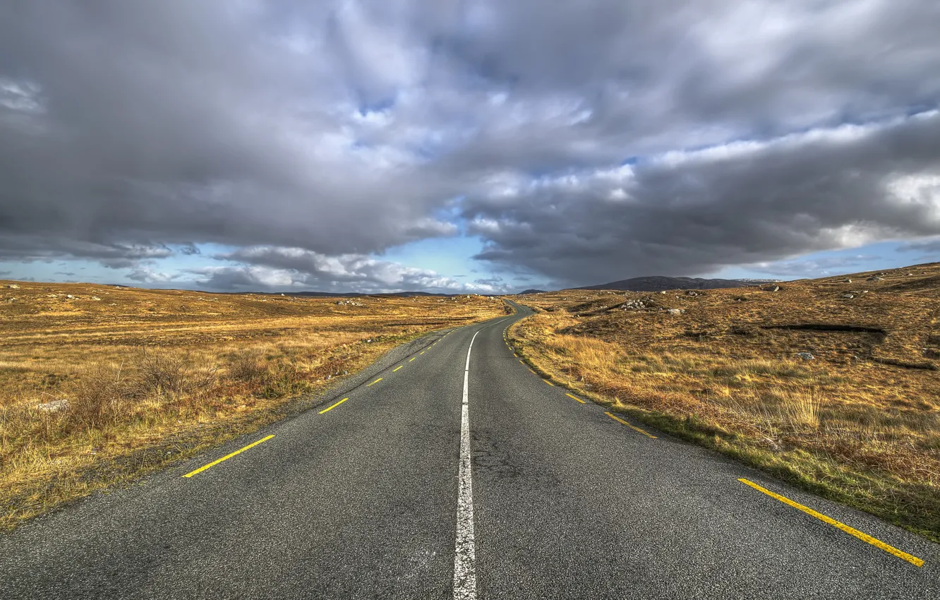 Photo wallpaper road, field, clouds, horizon, gray clouds
