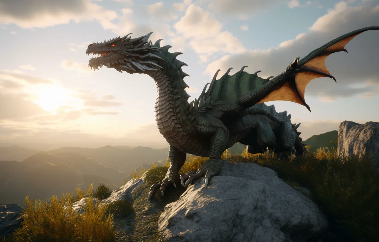 Photo wallpaper look, mountains, stones, dawn, dragon, wings, digital art, AI art