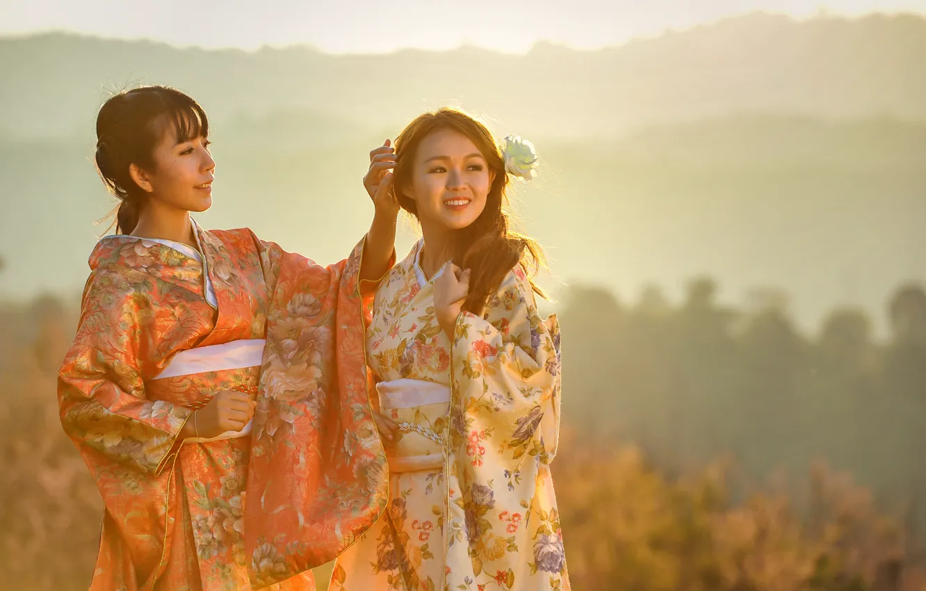 Photo wallpaper smile, haze, kimono, Asian, two girls, gesture, friend, flower in hair