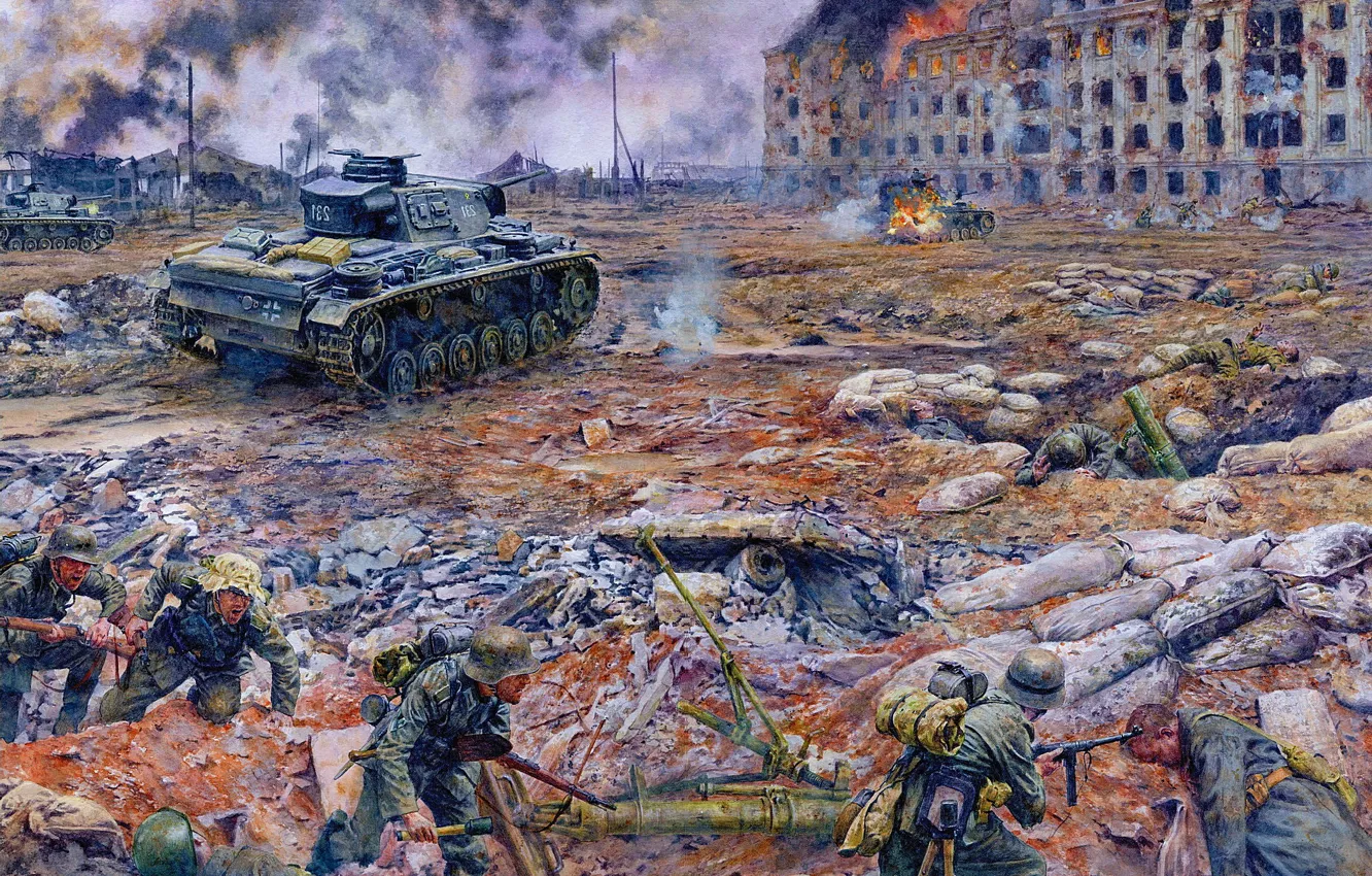 Photo wallpaper fire, war, smoke, home, soldiers, tank, the Germans, The great Patriotic war