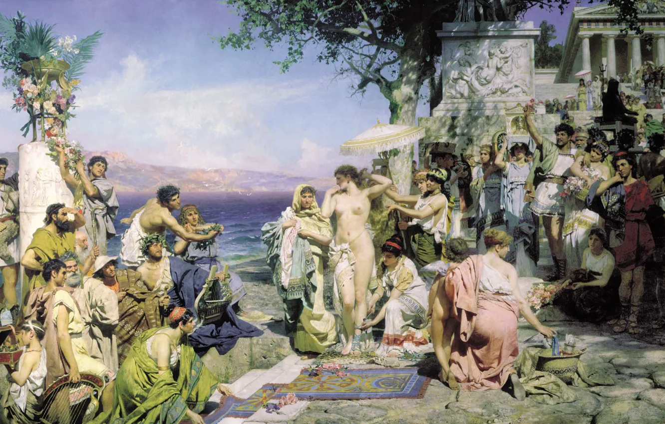 Photo wallpaper sea, mountains, oil, Canvas, antique, 1889, Henri semiradzki, Phryne at the festival of Poseidon in …