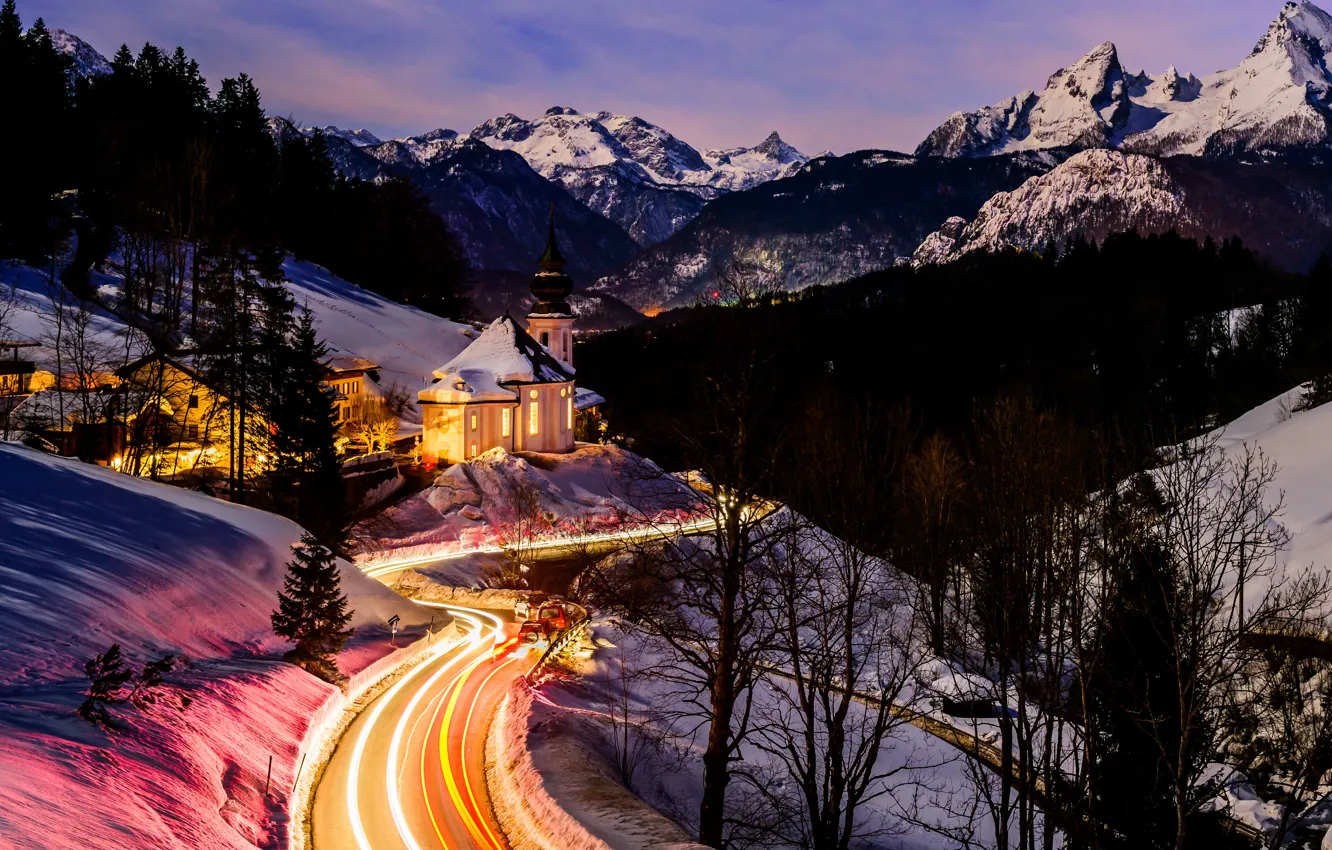 Photo wallpaper winter, road, landscape, mountains, nature, Germany, Bayern, lighting