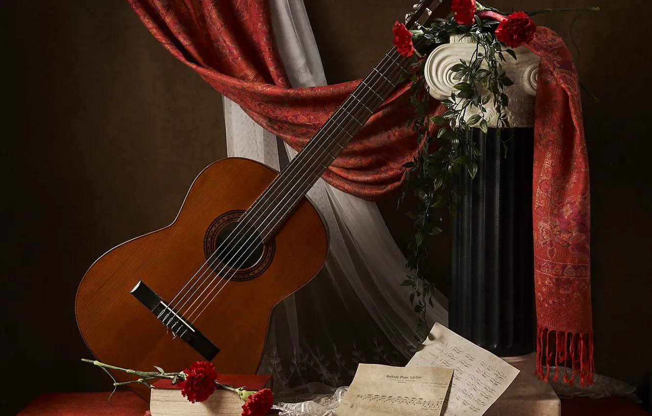 Photo wallpaper flowers, notes, music, guitar, columns, book, still life, curtains