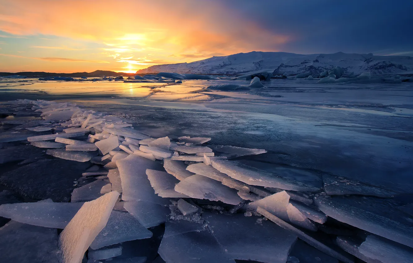 Photo wallpaper Winter, Landscapes, Iceland, Ice, Glacier, Sunsets, Freeze