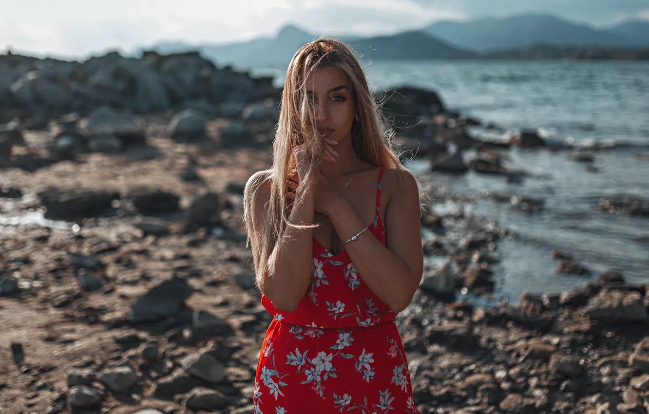 Photo wallpaper sea, girl, pose, coast, hands, long hair, Gregory Levin