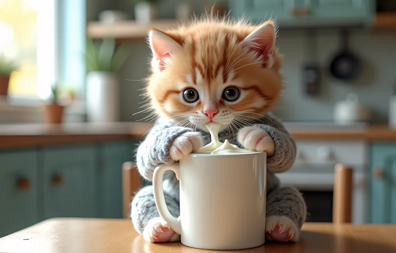 Photo wallpaper cat, look, pose, baby, red, kitty, face, sour cream