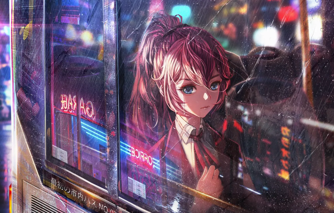 Photo wallpaper girl, style, rain, neon, window, art, girl, rain