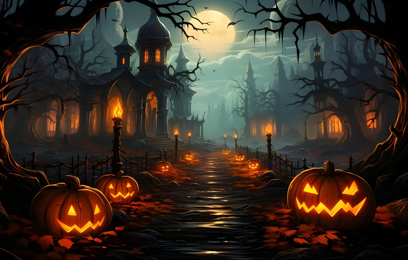 Photo wallpaper road, trees, night, clouds, lights, the moon, the fence, home