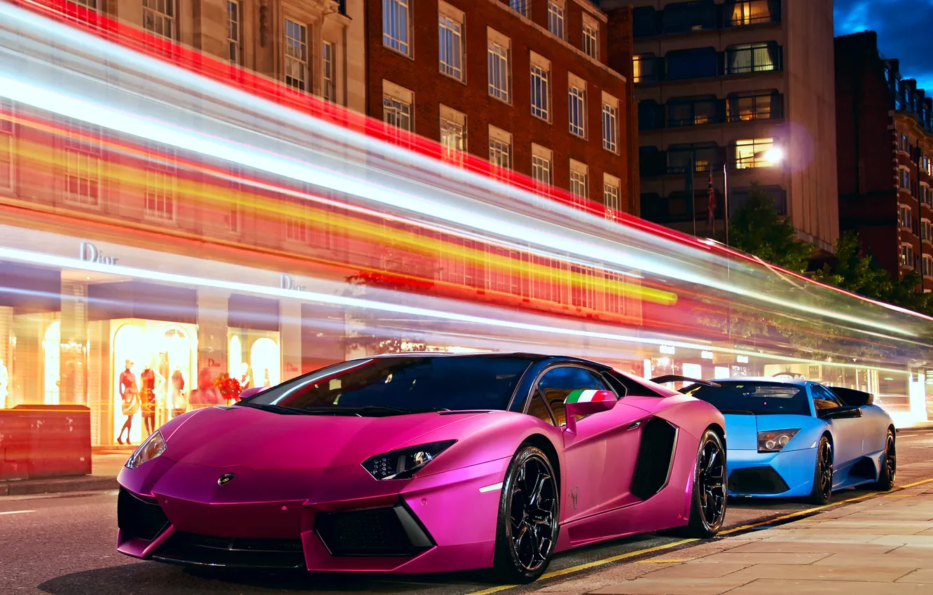 Photo wallpaper road, light, night, the city, the evening, Lamborghini, excerpt, Lamborghini
