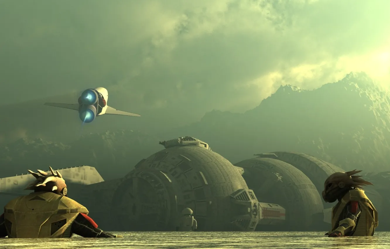 Photo wallpaper sky, water, clouds, mountain, spaceship, planet, Left Behind