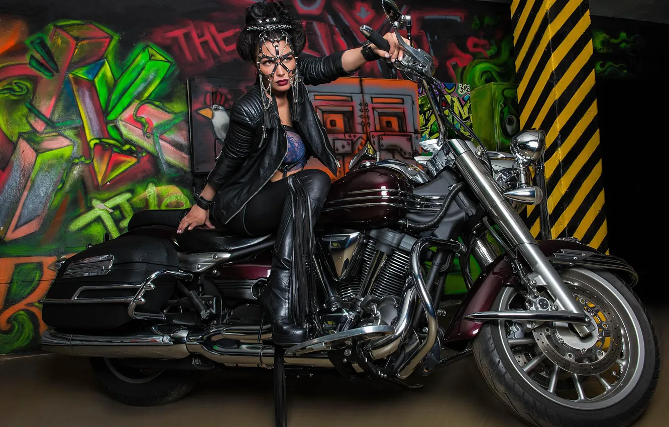 Photo wallpaper pose, graffiti, model, boots, mask, motorcycle, bike