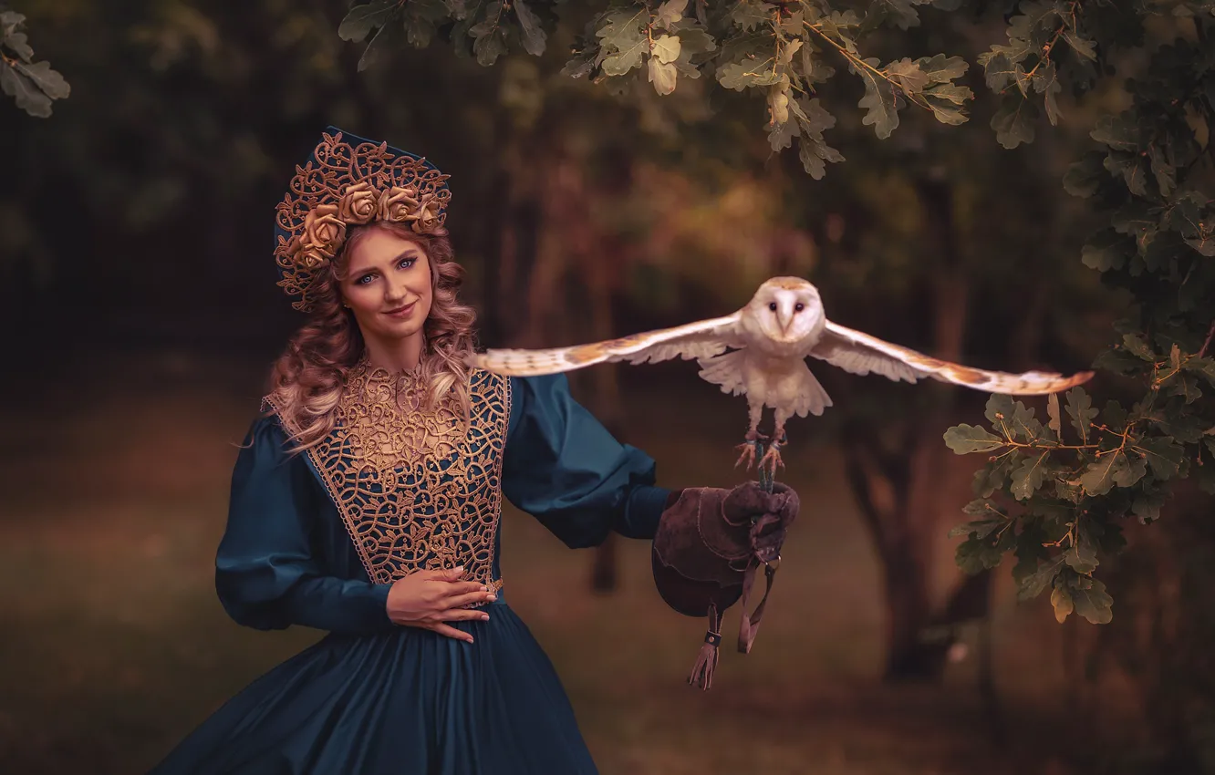 Photo wallpaper girl, branches, style, owl, bird, dress, curls, the barn owl