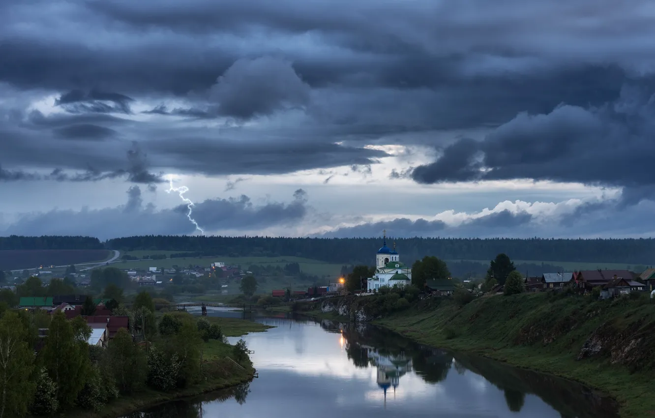 Photo wallpaper the storm, forest, landscape, clouds, nature, river, shore, lightning