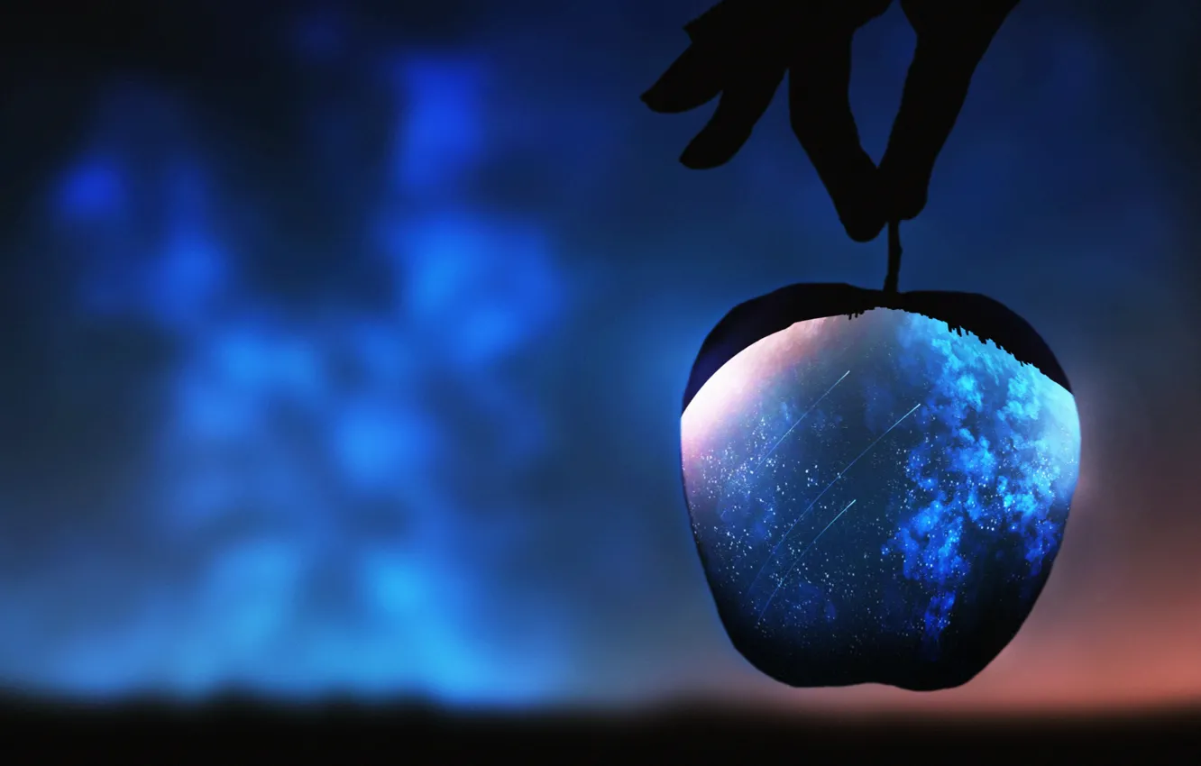 Photo wallpaper space, Apple, hand, fantasy, blurred background