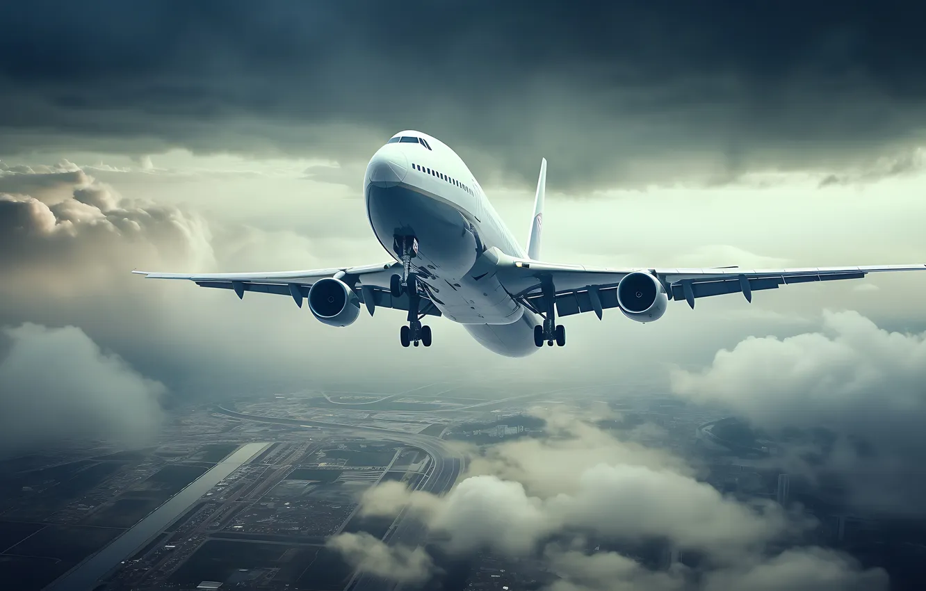 Photo wallpaper flight, clouds, the plane, liner, the rise, digital art, Boeing 747, AI art