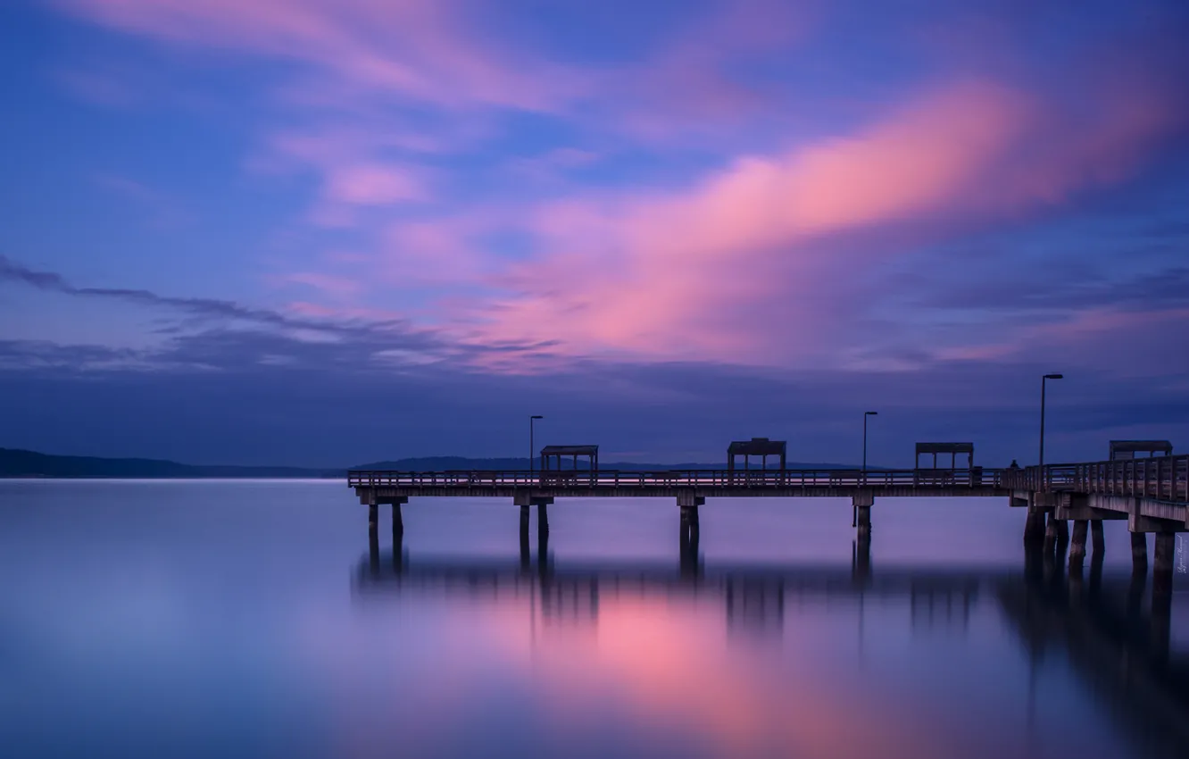 Photo wallpaper the sky, water, clouds, blue, the city, surface, the evening, pier