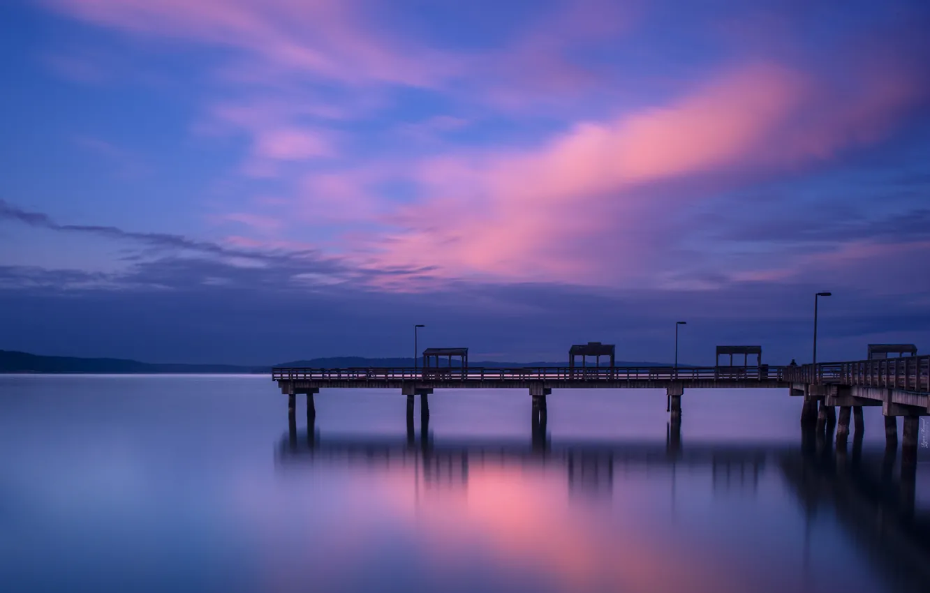 Photo wallpaper the sky, water, clouds, the city, surface, the evening, pier, port