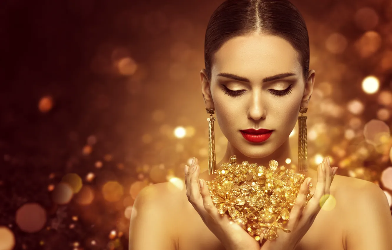 Photo wallpaper style, makeup, hairstyle, gold, model, luxury, makeup, jewellery