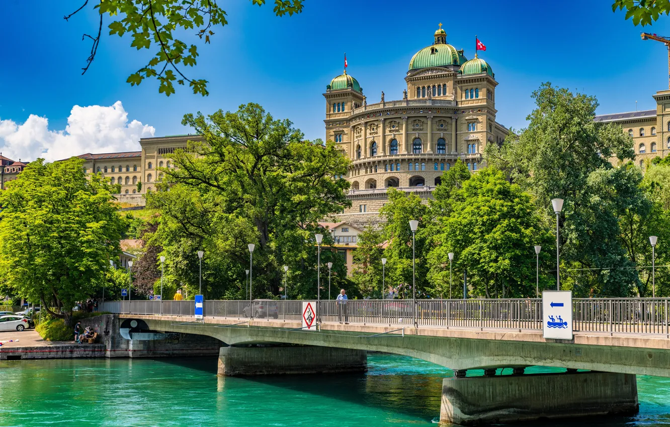 Photo wallpaper summer, bridge, river, building, Switzerland, Switzerland, Bern