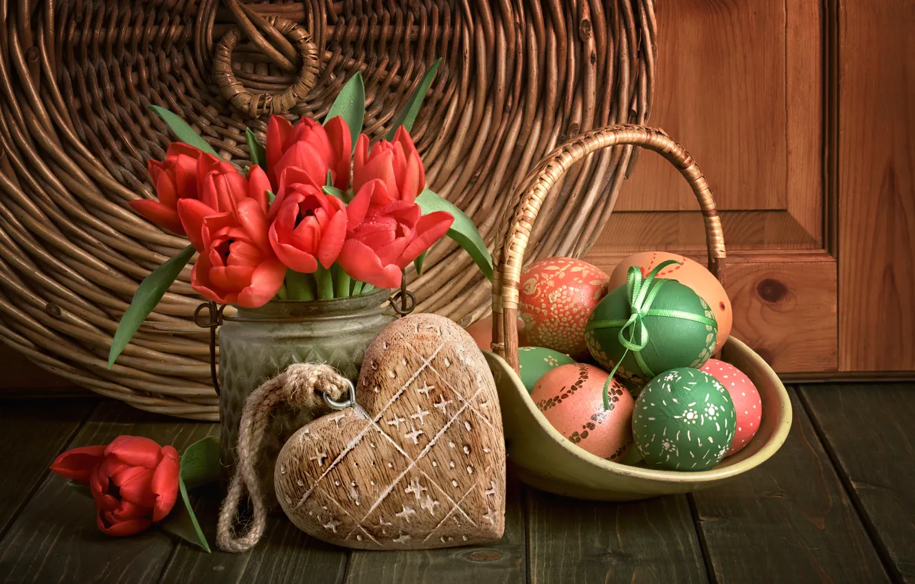 Photo wallpaper flowers, eggs, spring, Easter, tulips, red, love, happy