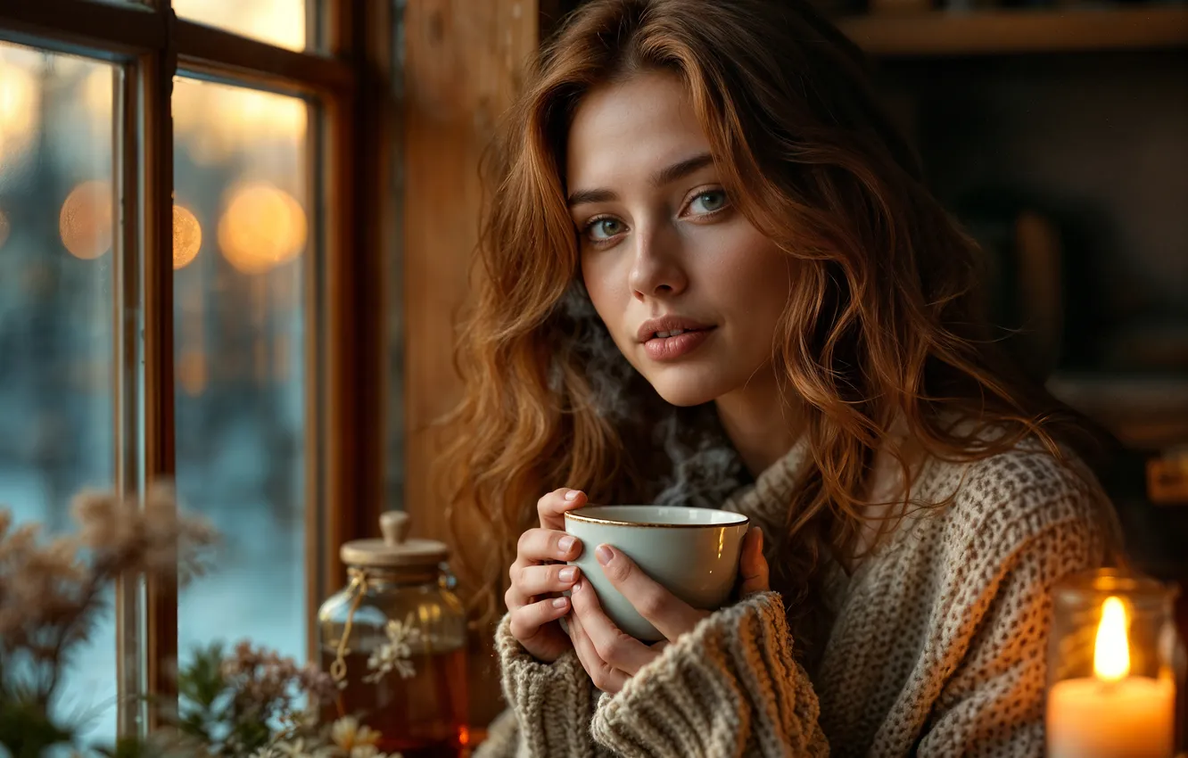 Photo wallpaper girl, cup, look, candle, AI Art