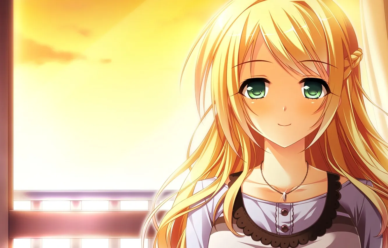 Photo wallpaper look, girl, sunset, smile, pendant, office, school uniform, art