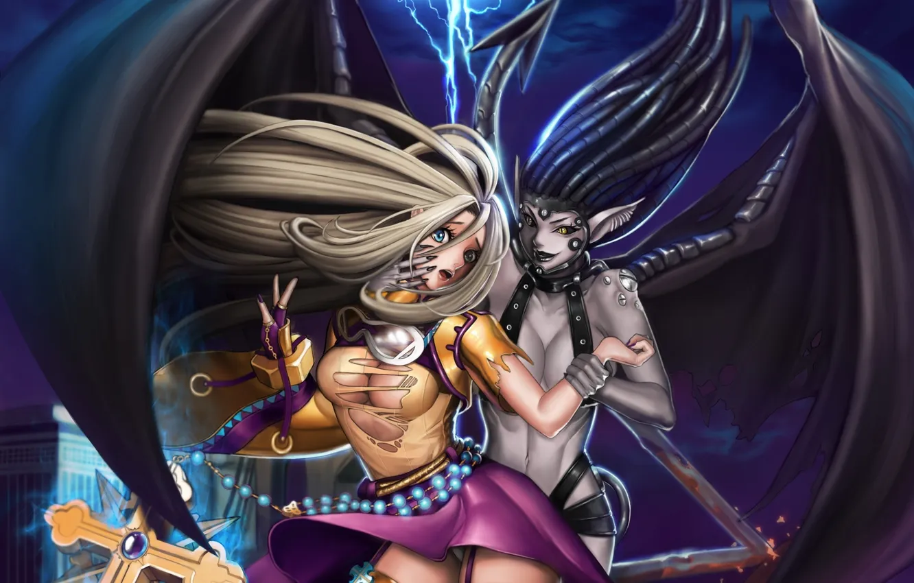 Photo wallpaper chest, look, girl, smile, magic, cross, angel, the demon