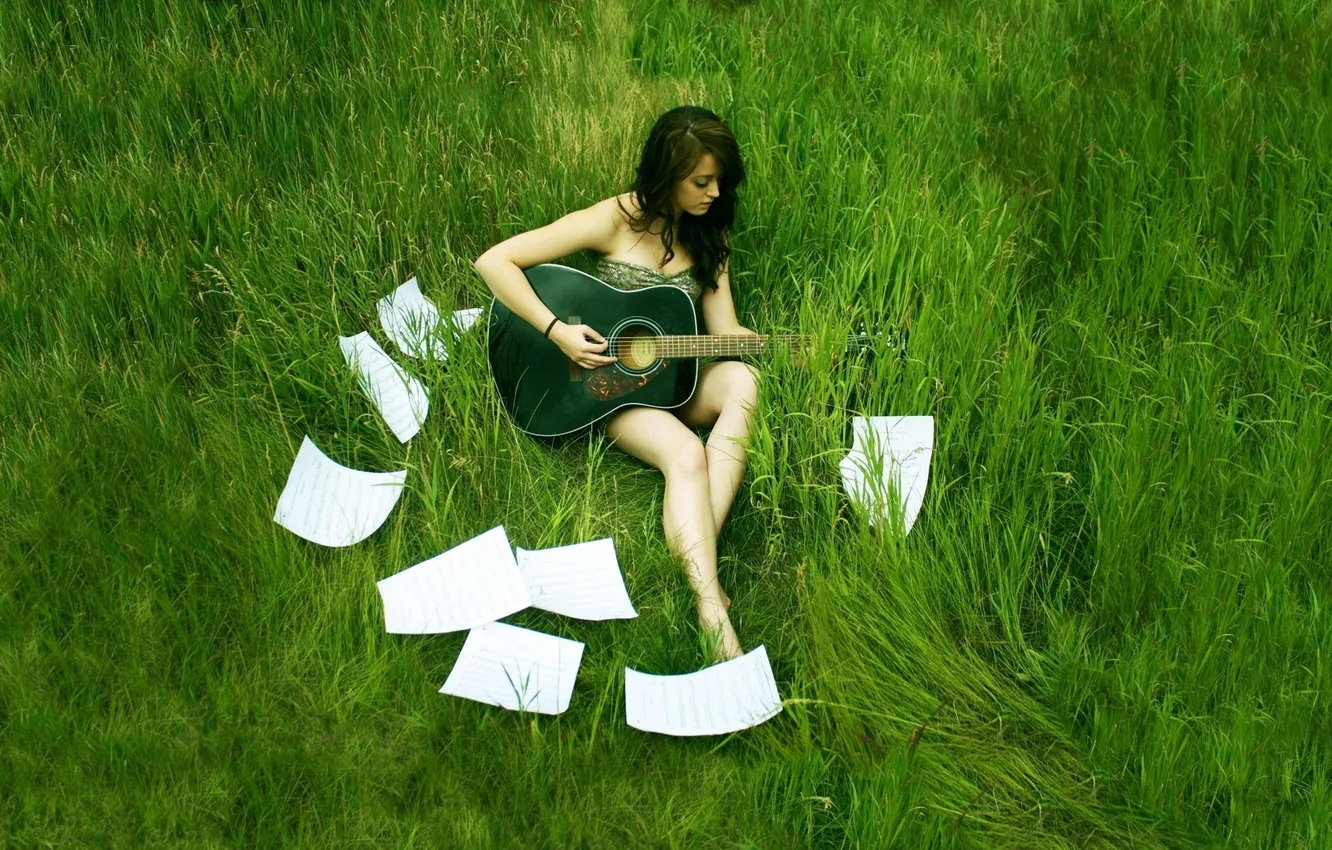 Photo wallpaper field, grass, green, paper, notes, music, leaf, guitar