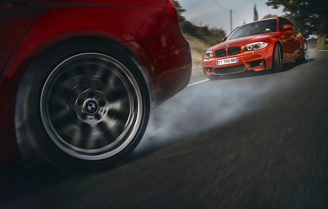 Photo wallpaper BMW, Orange, Red, Race, Cars, Smoke, Drifting