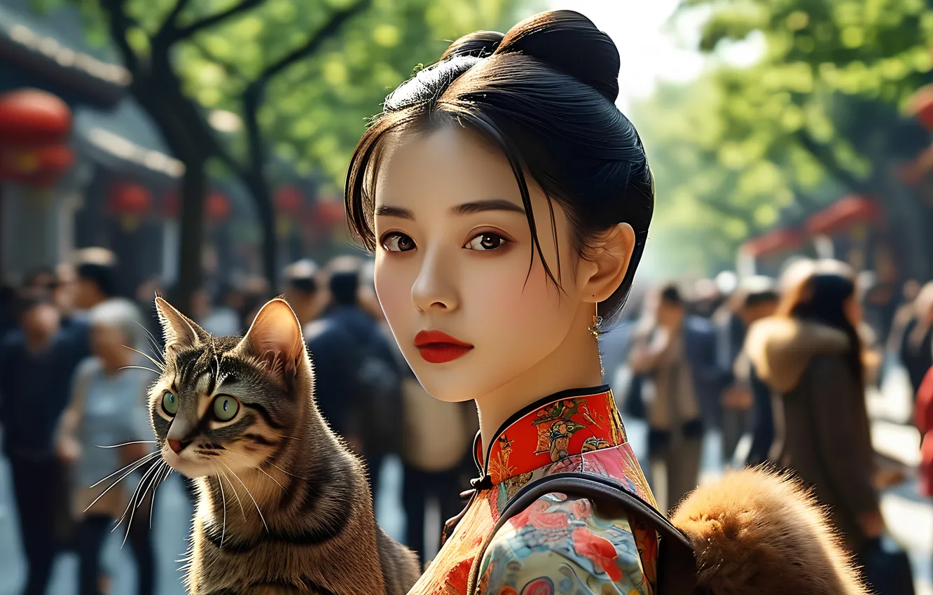 Photo wallpaper cat, girl, hairstyle, Chinese, Asian