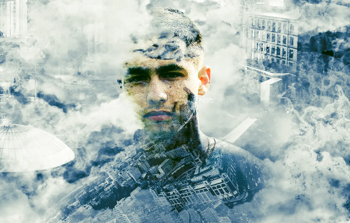 Photo wallpaper the sky, look, face, the city, photo, smoke, art, male
