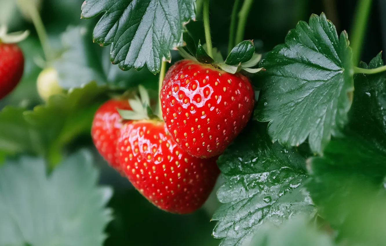 Photo wallpaper leaves, berries, garden, strawberry, AI art, neural network