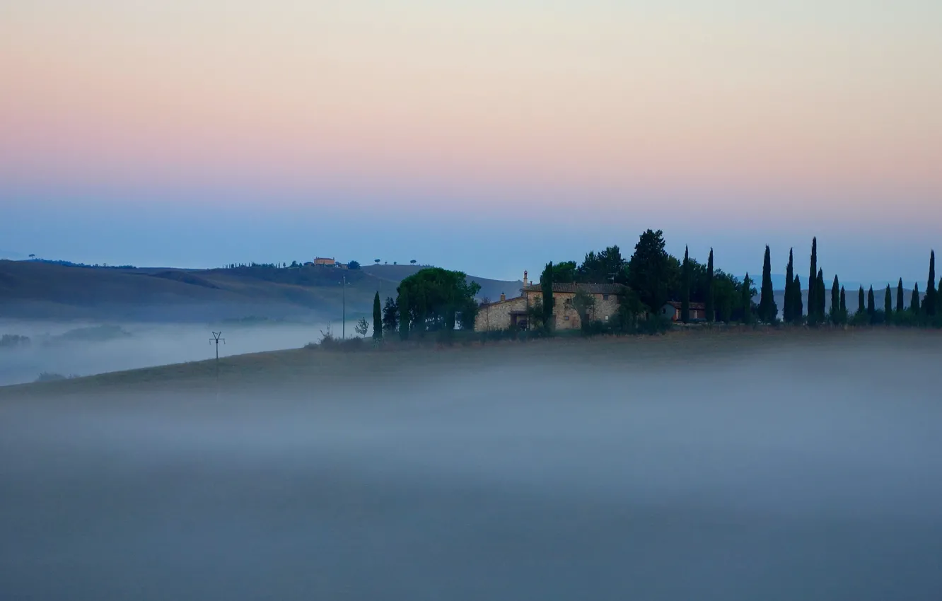 Photo wallpaper the sky, trees, fog, house, hills, morning, Italy, Tuscany