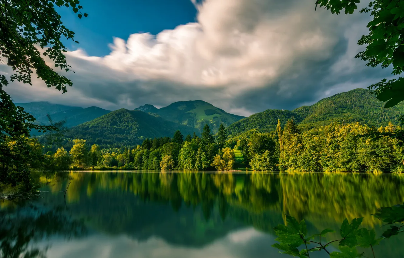 Photo wallpaper greens, forest, mountains, lake, reflection, Slovenia, Slovenia, Preddvor