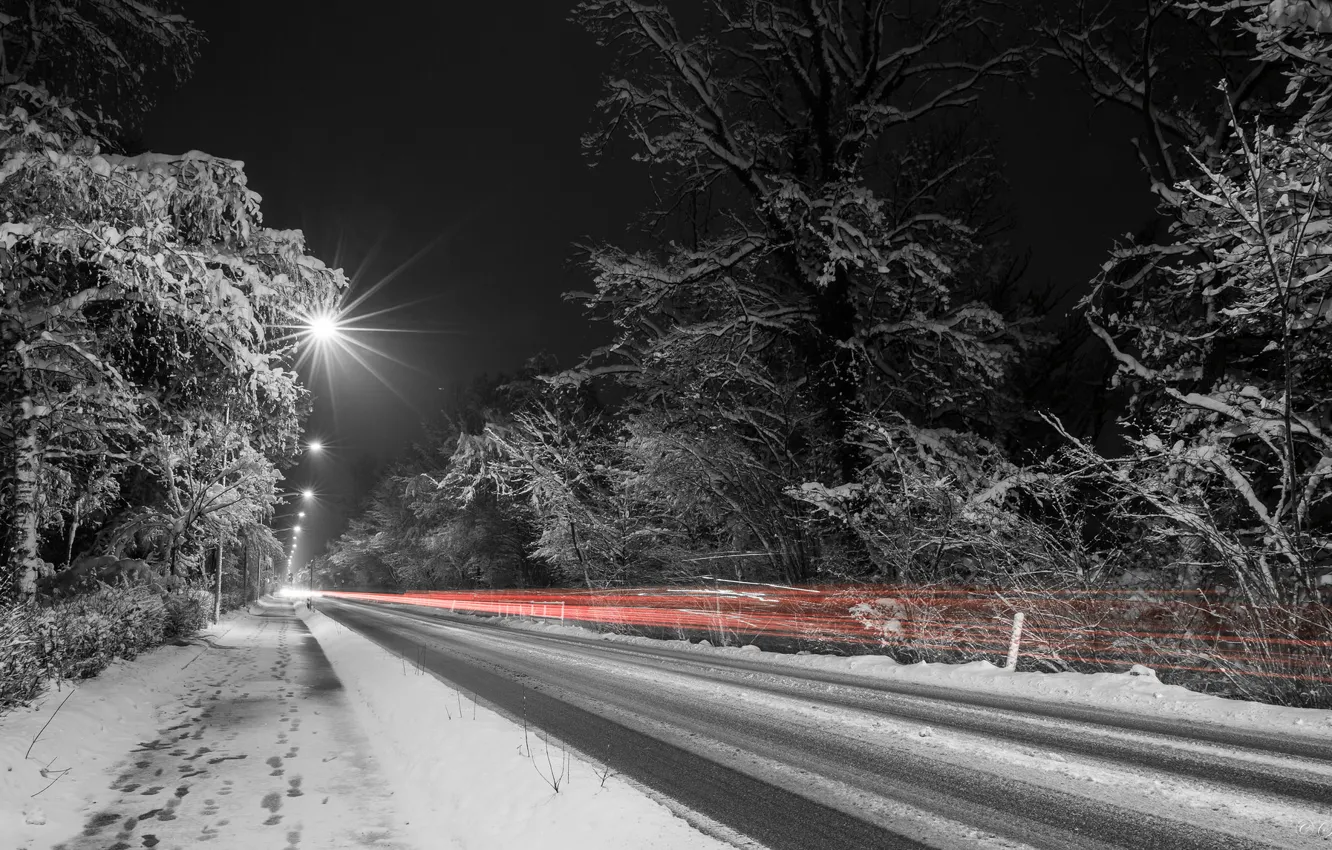 Photo wallpaper winter, road, night, lights
