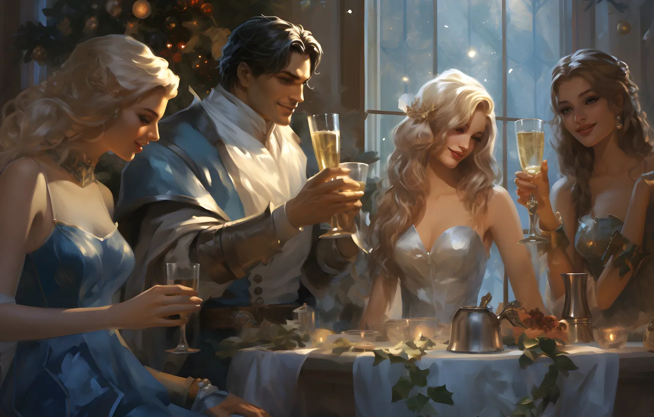 Photo wallpaper girl, table, glass, new year, four, Christmas, male, champagne