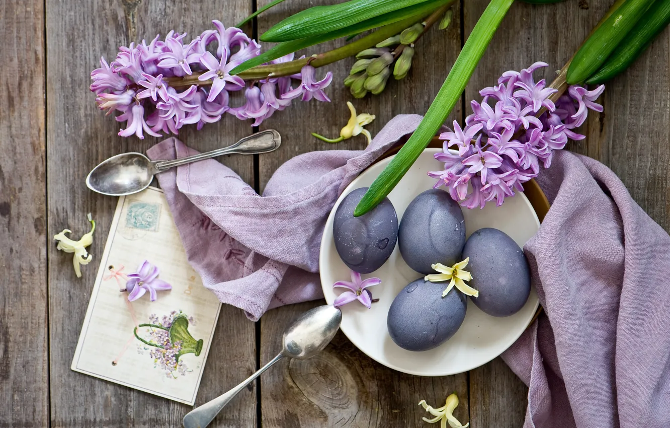 Photo wallpaper flowers, eggs, Easter, postcard, eggs, spoon, hyacinths