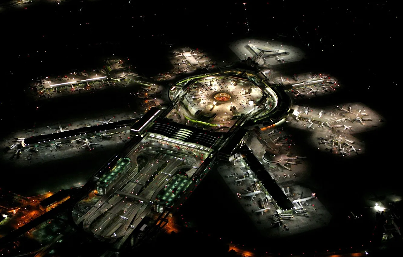 Photo wallpaper city, lights, night, San Francisco, aviation, Airport, Planes