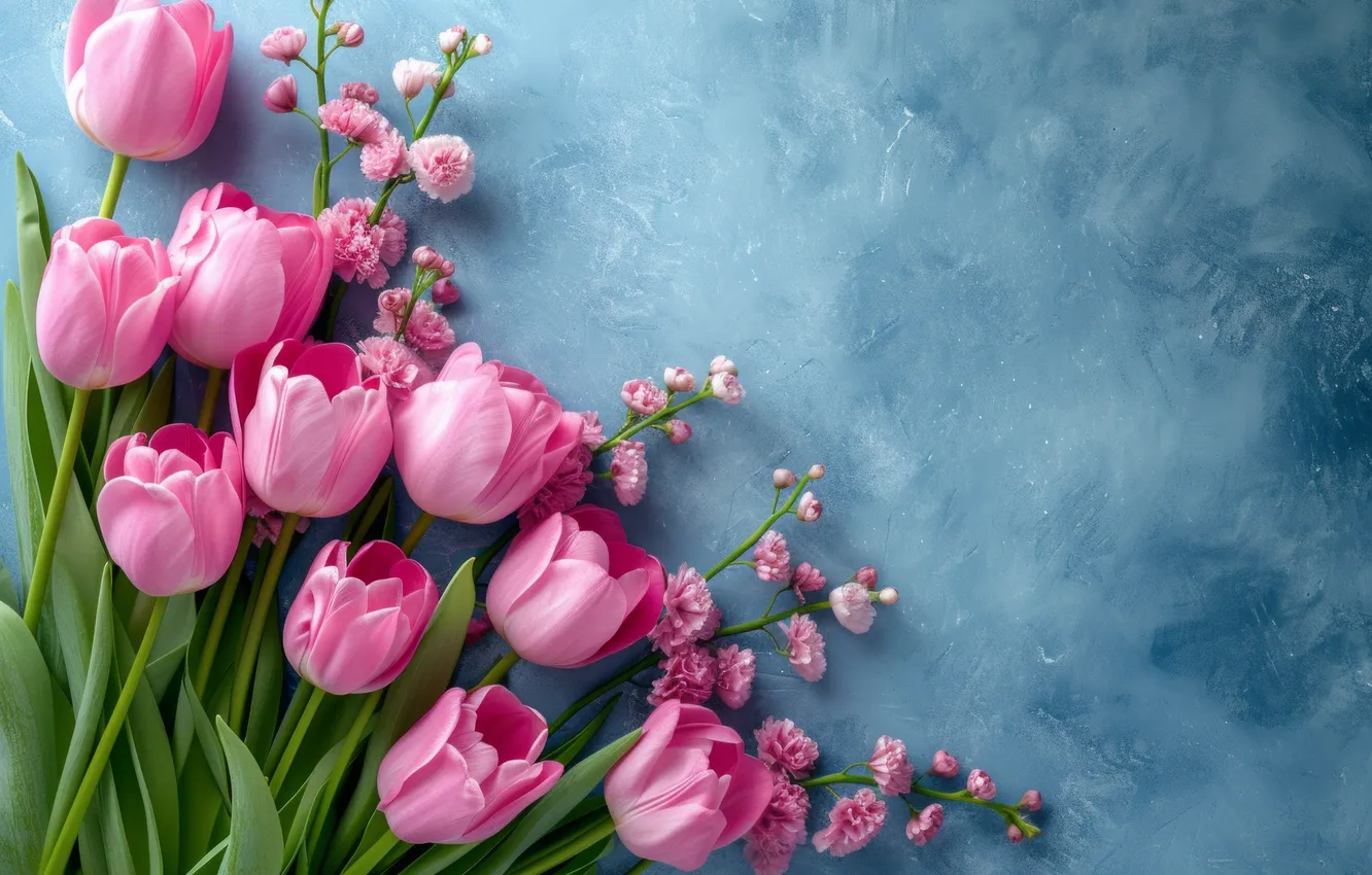 Photo wallpaper leaves, flowers, birthday, holiday, bouquet, spring, petals, tulips