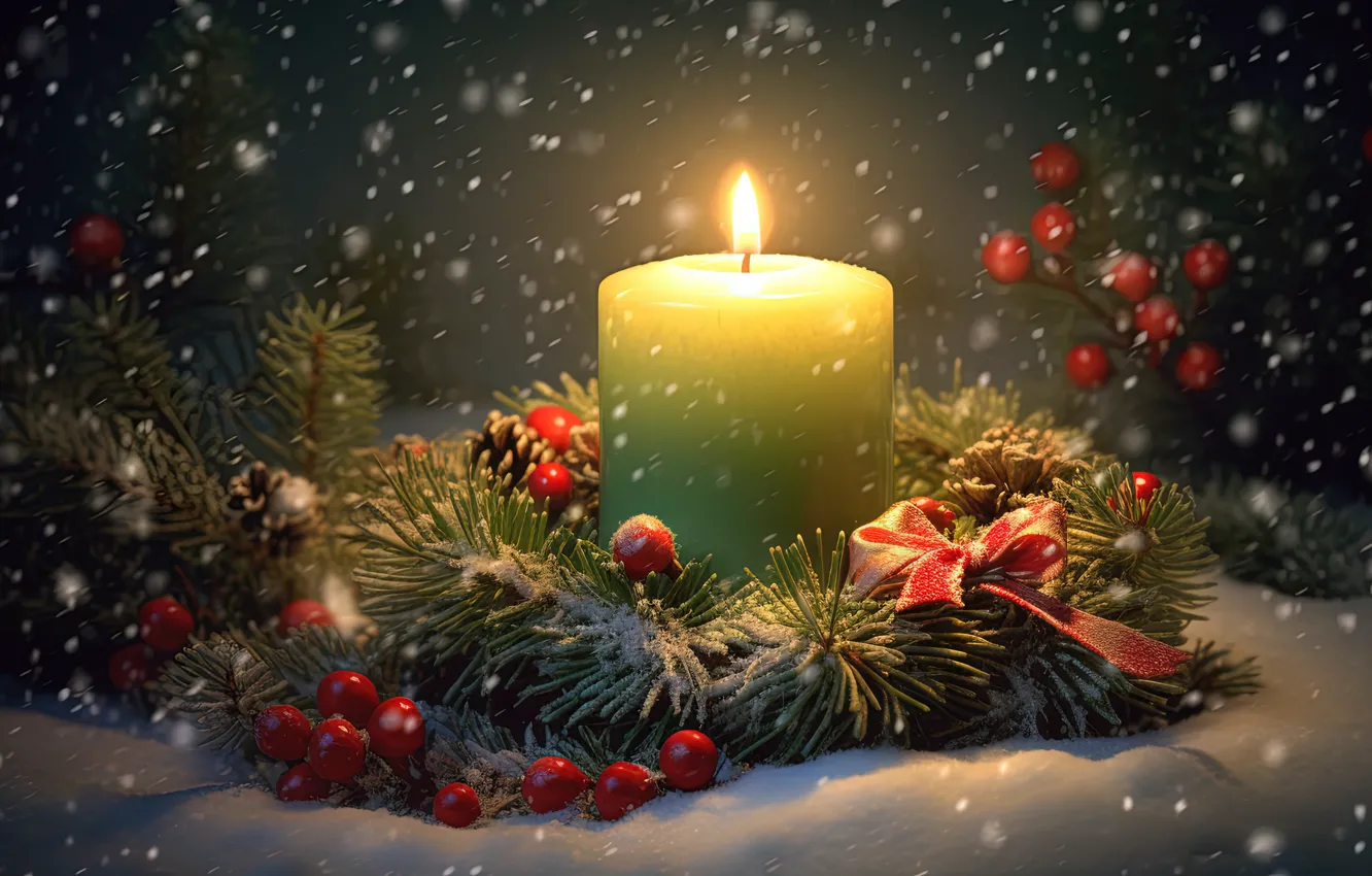 Photo wallpaper winter, snow, decoration, night, berries, new year, candles, Christmas