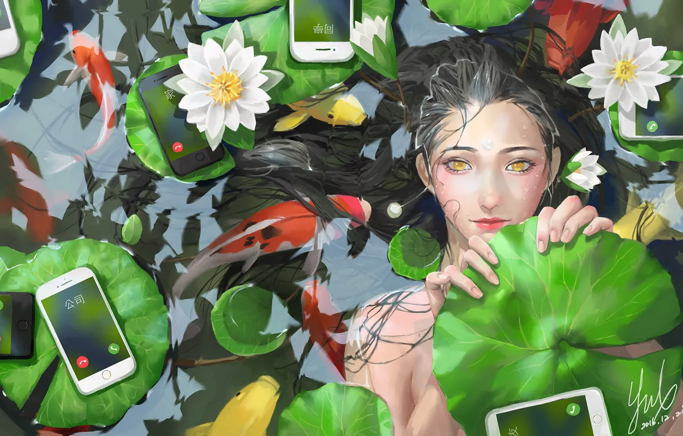 Photo wallpaper leaves, pond, art, water lilies, iPhone, dewasa, koi