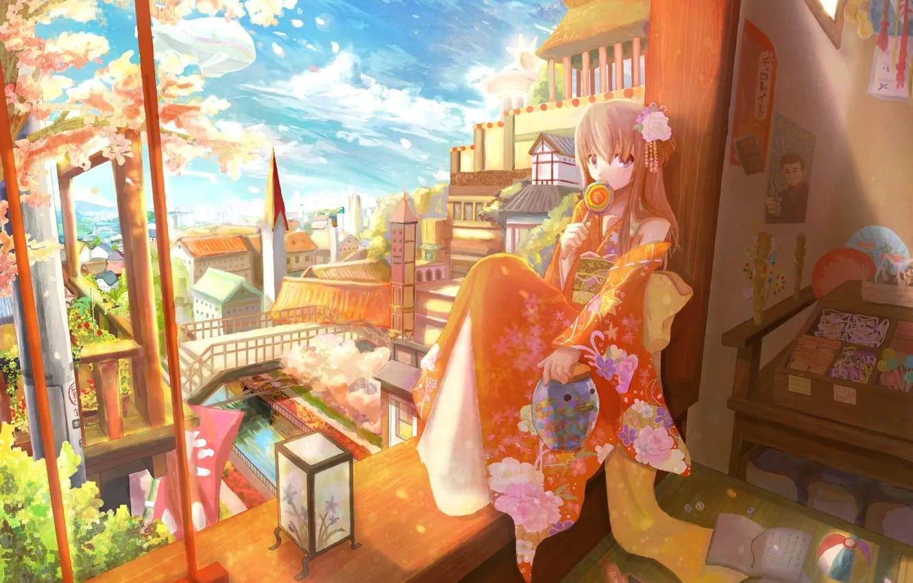 Photo wallpaper the city, mood, window, flashlight, lollipops, kimono, anime. girl
