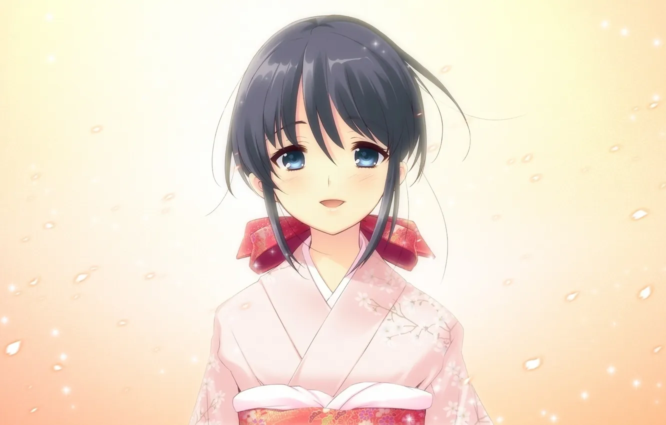Photo wallpaper anime, girl, kimono, blue eyes, bow, dark hair, yellow background.